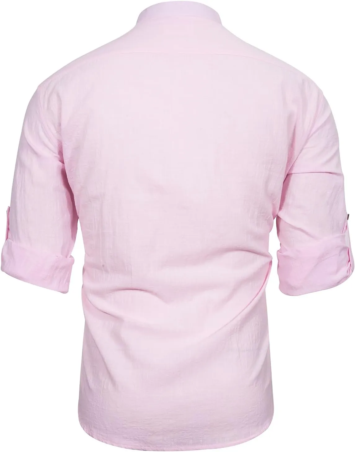 Mens Long Sleeve Cotton Linen Shirt Button Down Beach Band Collar Casual Shirt Button Up Summer Shirt Tops with Pocket