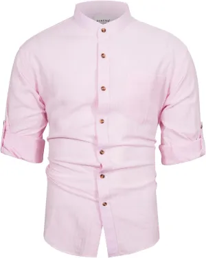 Mens Long Sleeve Cotton Linen Shirt Button Down Beach Band Collar Casual Shirt Button Up Summer Shirt Tops with Pocket
