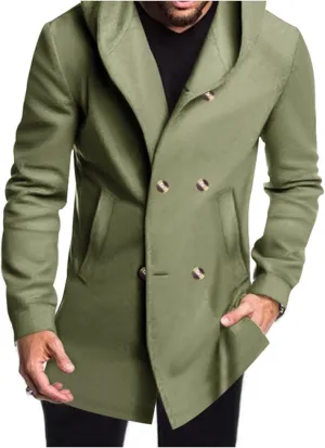 Mens Mid Long Trench Coat with Hood Winter Double Breasted Pea Coat Warm Lapel Work Business Jacket Windproof Overcoat