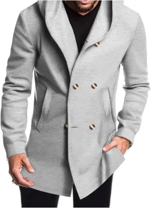 Mens Mid Long Trench Coat with Hood Winter Double Breasted Pea Coat Warm Lapel Work Business Jacket Windproof Overcoat