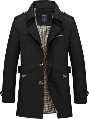 Mens Pea Coat Slim Notched Collar Single Breasted Cotton Jacket Mid Long Trench Coat Business Overcoat with Buttons