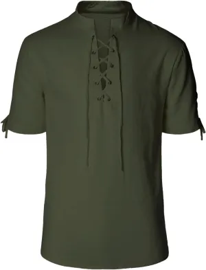 Men's Pirate Shirt Renaissance Medieval Viking Shirt Linen Short Sleeve Lace Up Top Halloween Costume
