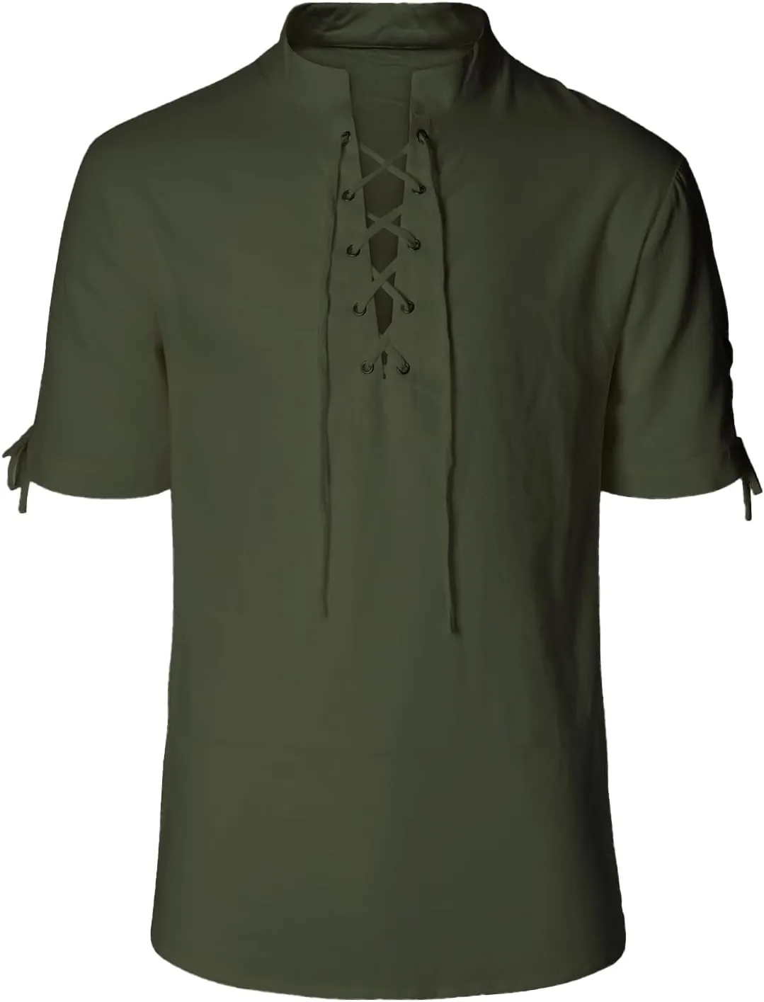 Men's Pirate Shirt Renaissance Medieval Viking Shirt Linen Short Sleeve Lace Up Top Halloween Costume