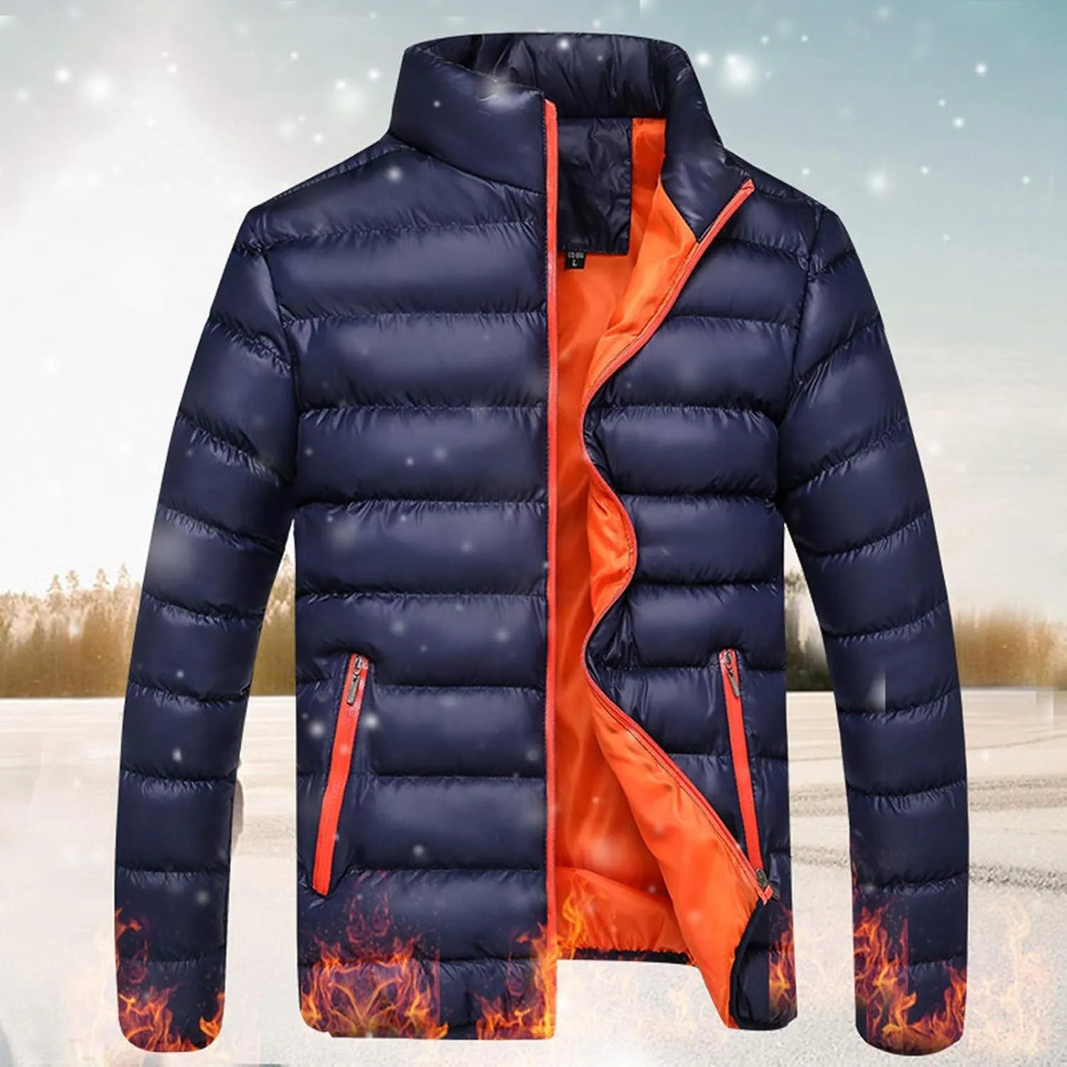 Mens Puffer Jacket No Hood Winter Casual Thermal Quilted Outerwear Coat Lightweight Solid Color Down Jacket