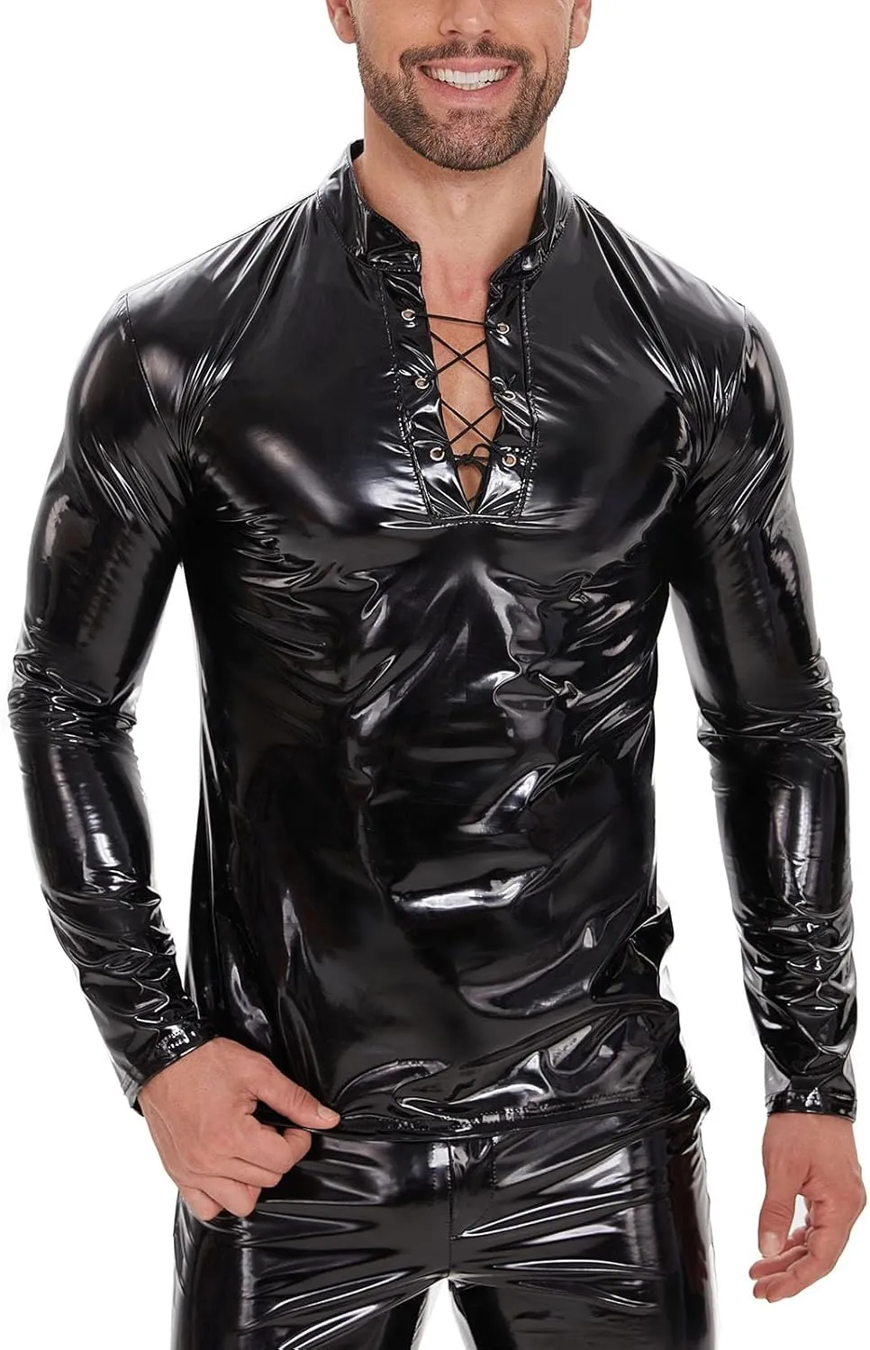Men's Sexy Leather T-Shirt,Shiny Black Long Sleeve Shirt Wetlook Tops Latex Coat,Stand Neck