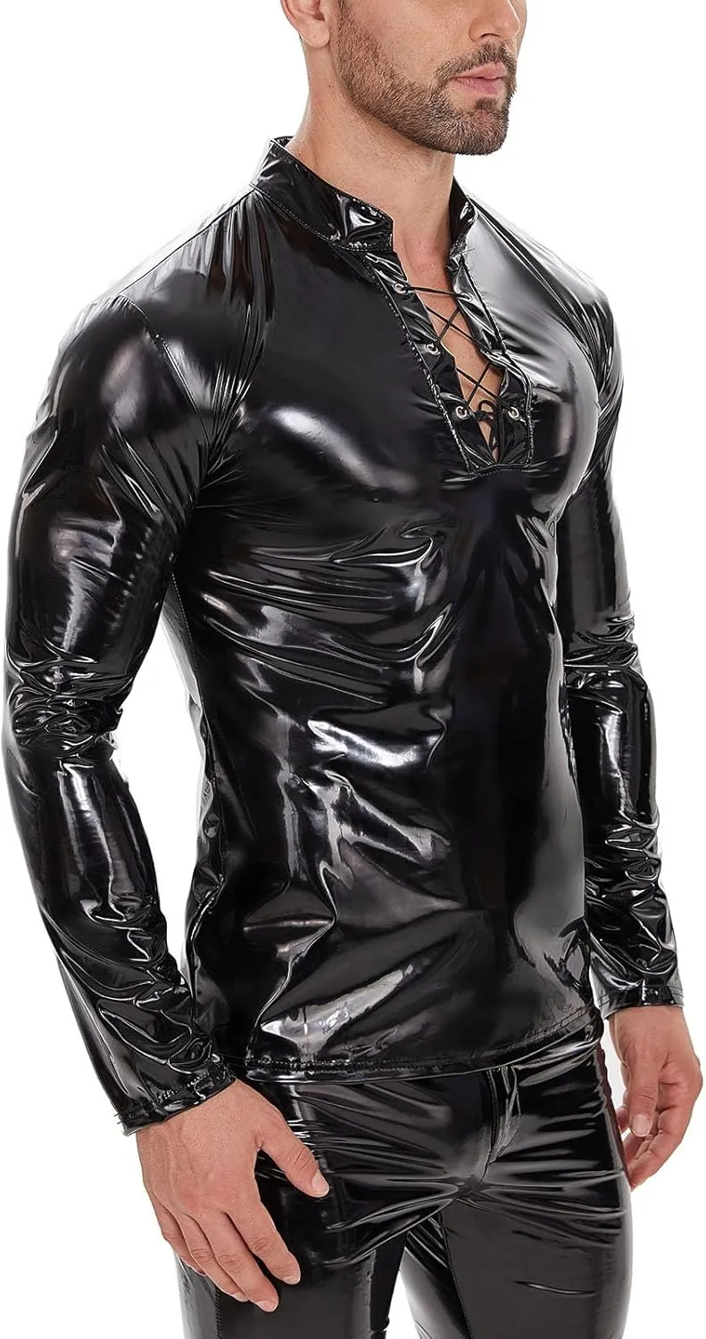Men's Sexy Leather T-Shirt,Shiny Black Long Sleeve Shirt Wetlook Tops Latex Coat,Stand Neck