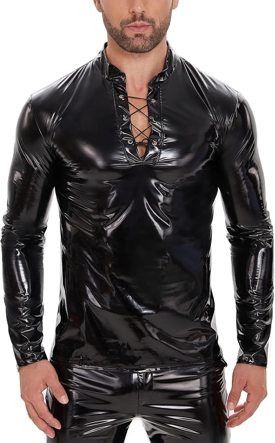 Men's Sexy Leather T-Shirt,Shiny Black Long Sleeve Shirt Wetlook Tops Latex Coat,Stand Neck