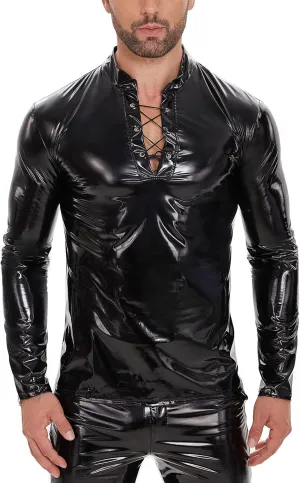 Men's Sexy Leather T-Shirt,Shiny Black Long Sleeve Shirt Wetlook Tops Latex Coat,Stand Neck