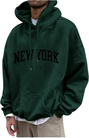 Mens Sweatshirt 2024 Casual Cotton Hooded Collar Drawstring Hoodie Letter Print Long Sleeve Warm Pullover with Pocket