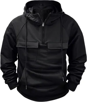 Men's Tactical Hoodies Solid Color Quarter Zip Sweatshirt Multi Pockets Jakcets Fleece Winter Warm Oversized Pullover
