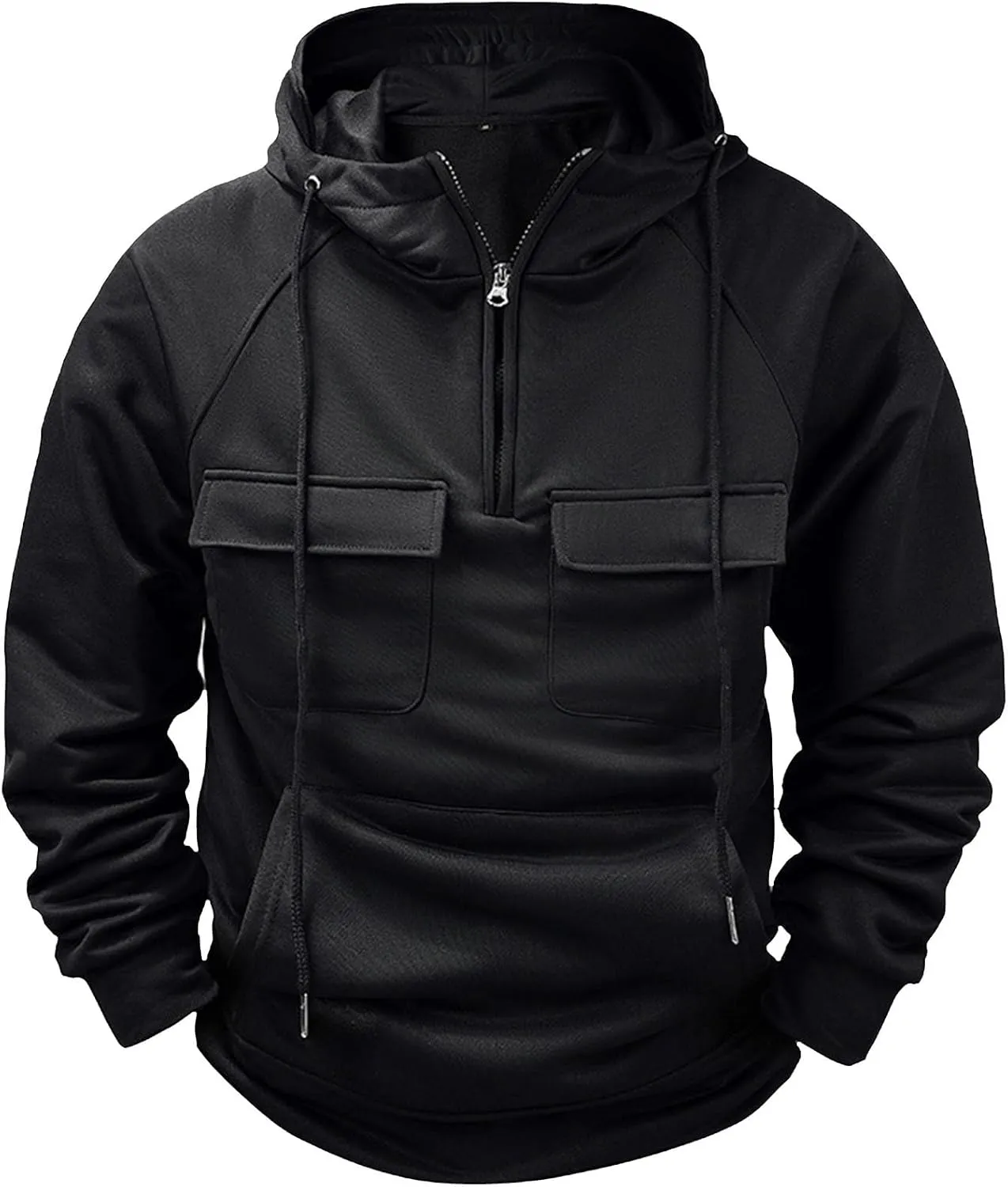 Men's Tactical Hoodies Solid Color Quarter Zip Sweatshirt Multi Pockets Jakcets Fleece Winter Warm Oversized Pullover