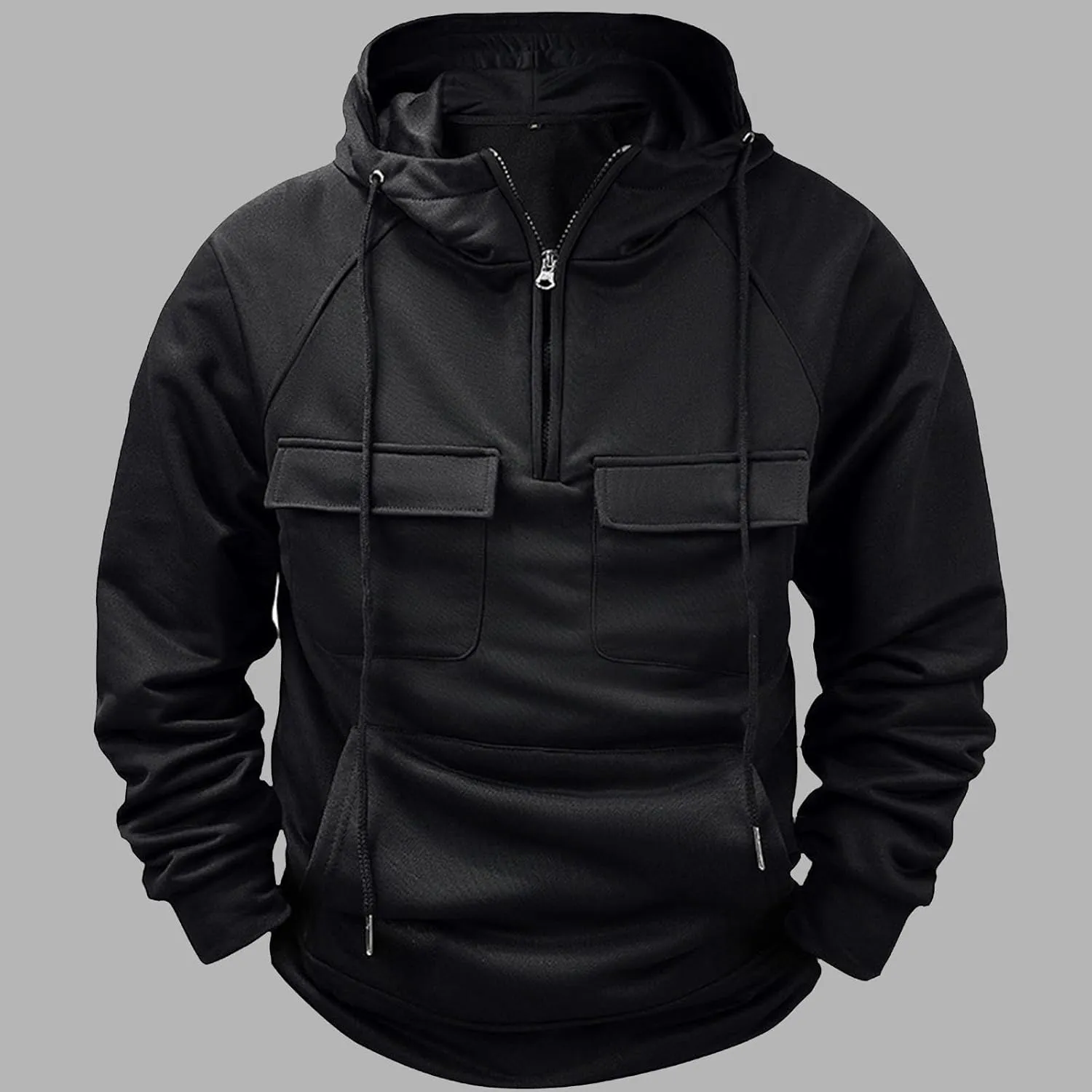 Men's Tactical Hoodies Solid Color Quarter Zip Sweatshirt Multi Pockets Jakcets Fleece Winter Warm Oversized Pullover
