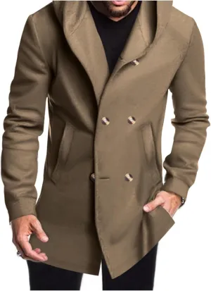 Men's Trench Coat Slim Fit Double Breasted Trench Coats with Hood Button Down Overcoat Warm Dress Pea Coats for Men