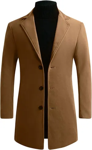 Mens Trench Coats Mid Long Single Breasted Pea Coat Casual Winter Business Casual Slim Fit Wool Jacket Warm Overcoat