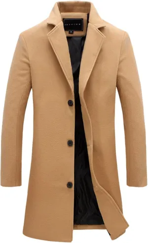 Mens Trench Coats Winter Long Jackets Wool Blend Pea Coat Trendy Notched Lapel Overcoat Single Breasted Jacket