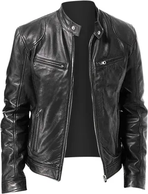 Mens Vintage Leather Casual Jackets Full Zipper Stand Collar Flight Faux Leather Coats Motorcycle Biker Outerwear