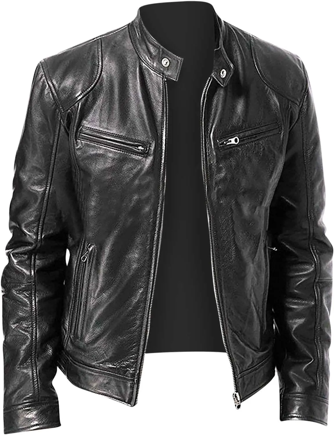 Mens Vintage Leather Casual Jackets Full Zipper Stand Collar Flight Faux Leather Coats Motorcycle Biker Outerwear