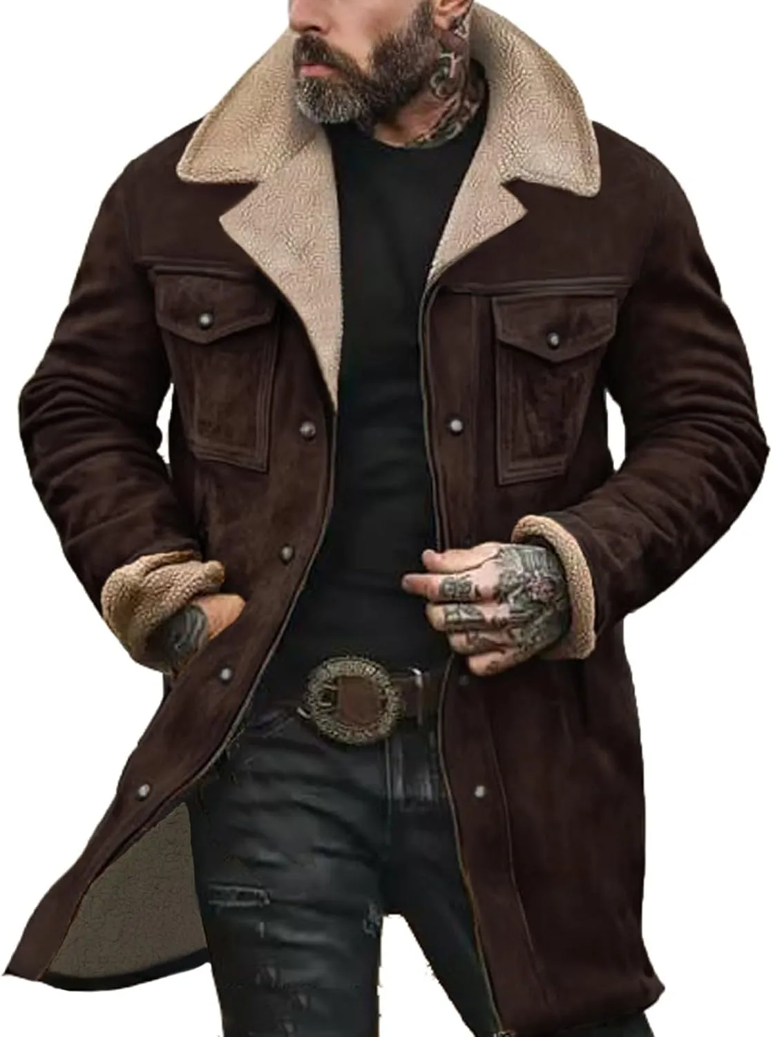 Men's Vintage Suede Jacket Plush Collar Coats Faux Leather Jacket Men Zip Up Motorcycle Jacket Coats Retro Tops