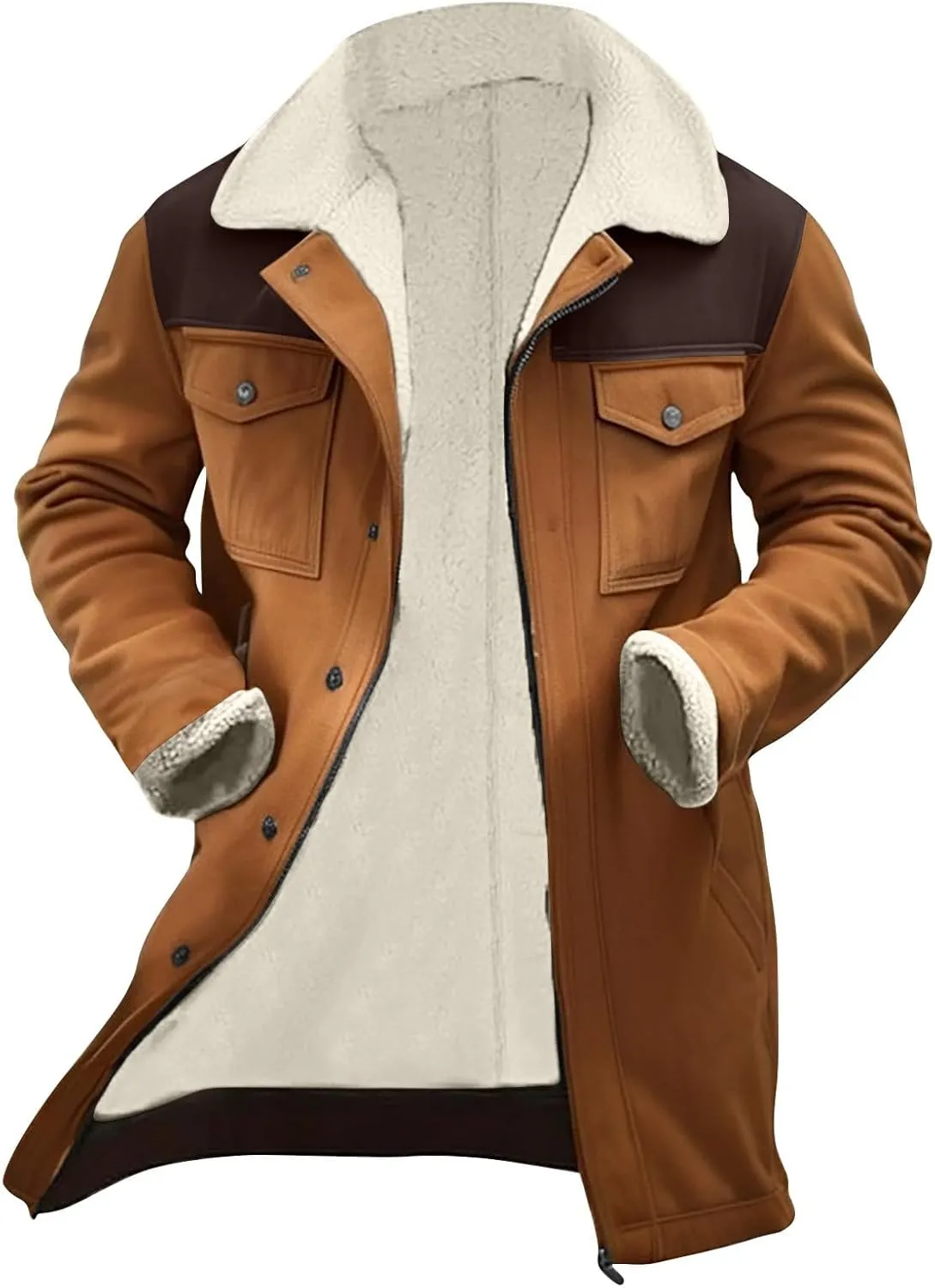 Mens Vintage Suede Pocket Plush Reversed Collar Outdoor Jacket Coat Retro Top Patchwork Suede Trench Coat Winter Biker Coats