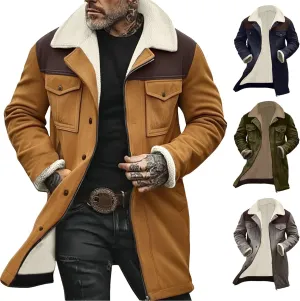 Mens Vintage Suede Pocket Plush Reversed Collar Outdoor Jacket Coat Retro Top Patchwork Suede Trench Coat Winter Biker Coats
