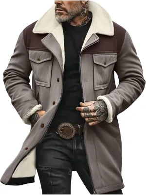 Mens Vintage Suede Pocket Plush Reversed Collar Outdoor Jacket Coat Retro Top Patchwork Suede Trench Coat Winter Biker Coats