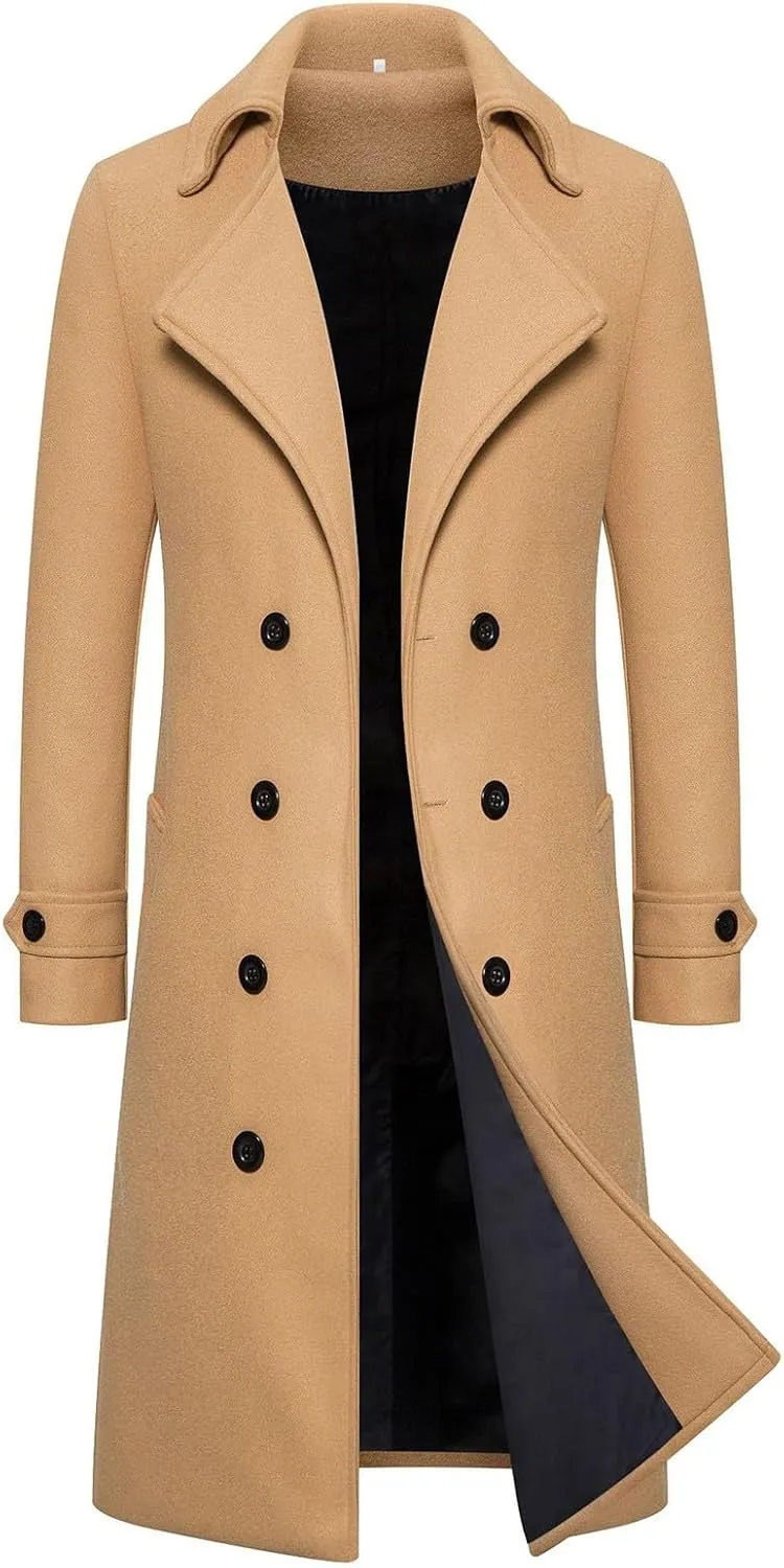 Men's Warm Wool Blend Long Jacket Casual Slim Fit Trench Overcoat with Pockets
