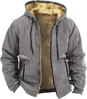 Mens Winter Coat Heavyweight Sherpa Fleece Lined Warm Hoodies Retro Full Zip Thick Winter Jackets with Zipper Pockets