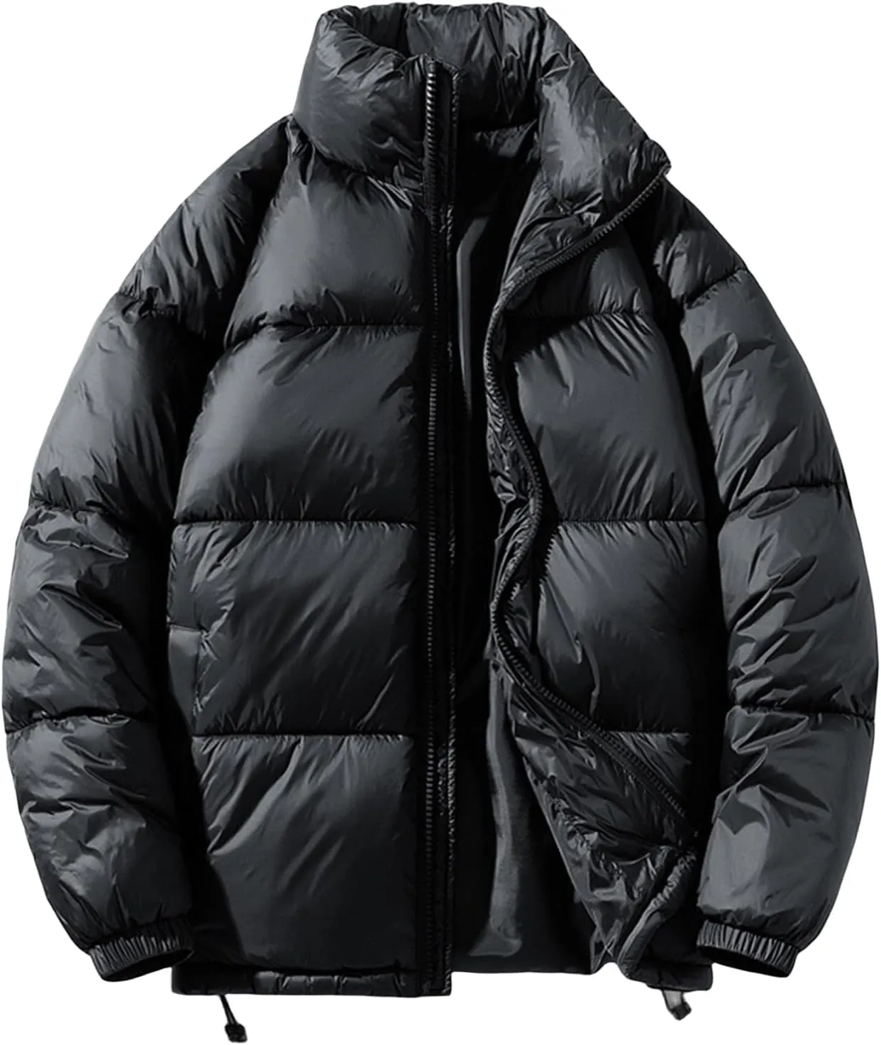Mens Winter Coat Zipper Stand Collar Fashion Fall Casual Loose Solid Thickened Cotton Padded Warm Jacket Outwear
