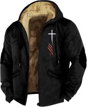 Mens Winter Jacket Printed Flag Hooded Brown Zipper Personalized Patch Casual Cotton Jacket Black Fleece