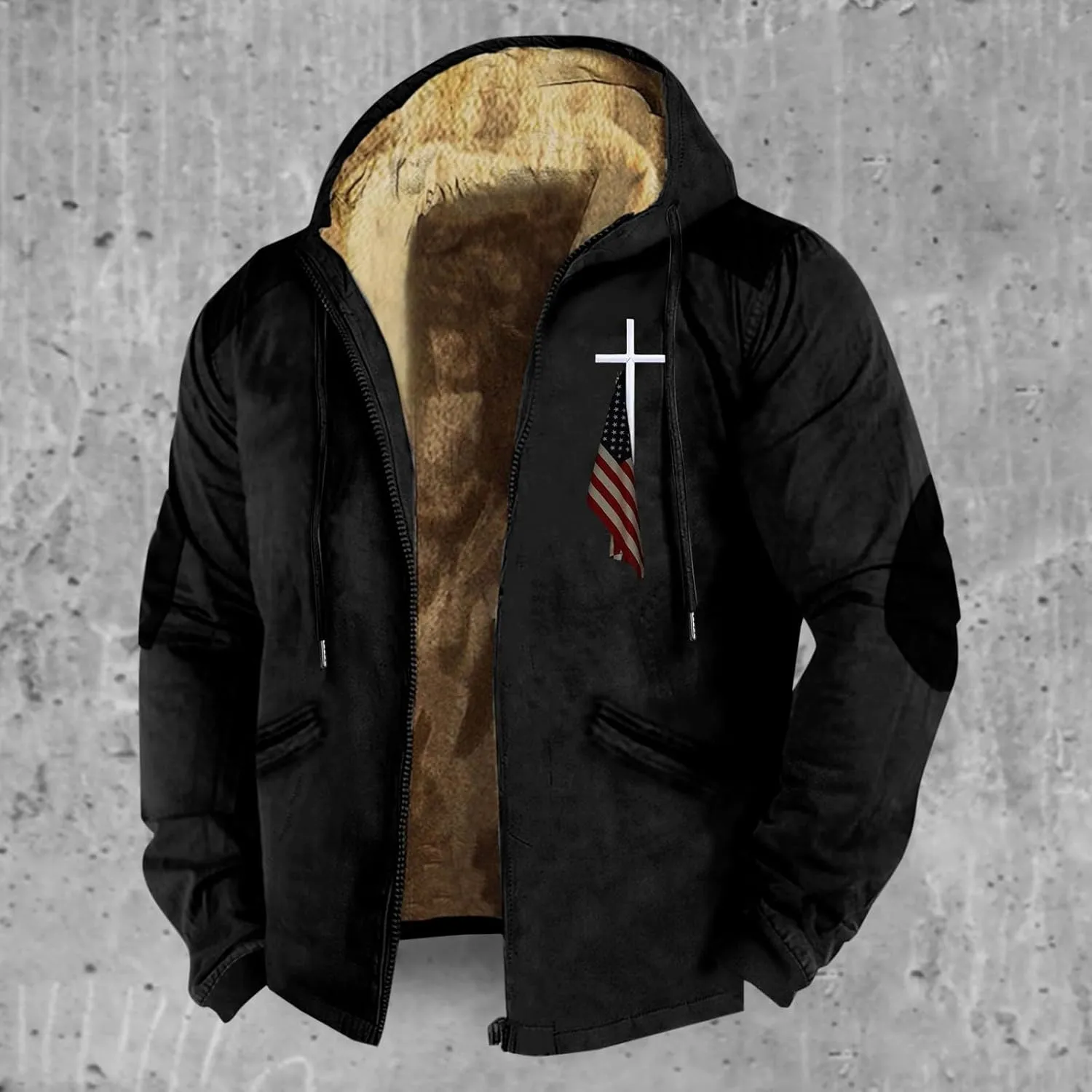 Mens Winter Jacket Printed Flag Hooded Brown Zipper Personalized Patch Casual Cotton Jacket Black Fleece