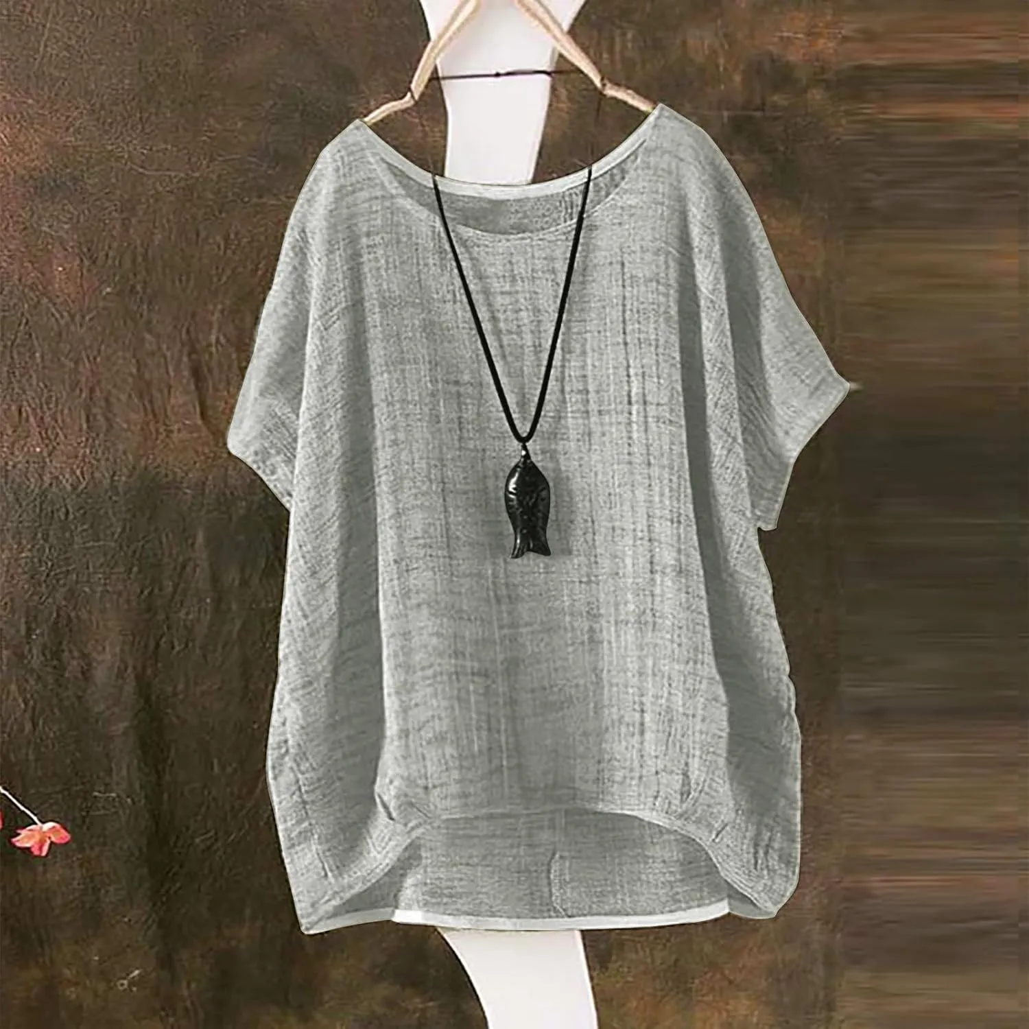 Miyaomn Women's Casual Linen Shirts Oversized Short Sleeve Crewneck Loose Fit Tees Blouse Summer Lightweight Solid Tunic Tops