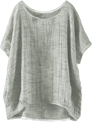 Miyaomn Women's Casual Linen Shirts Oversized Short Sleeve Crewneck Loose Fit Tees Blouse Summer Lightweight Solid Tunic Tops