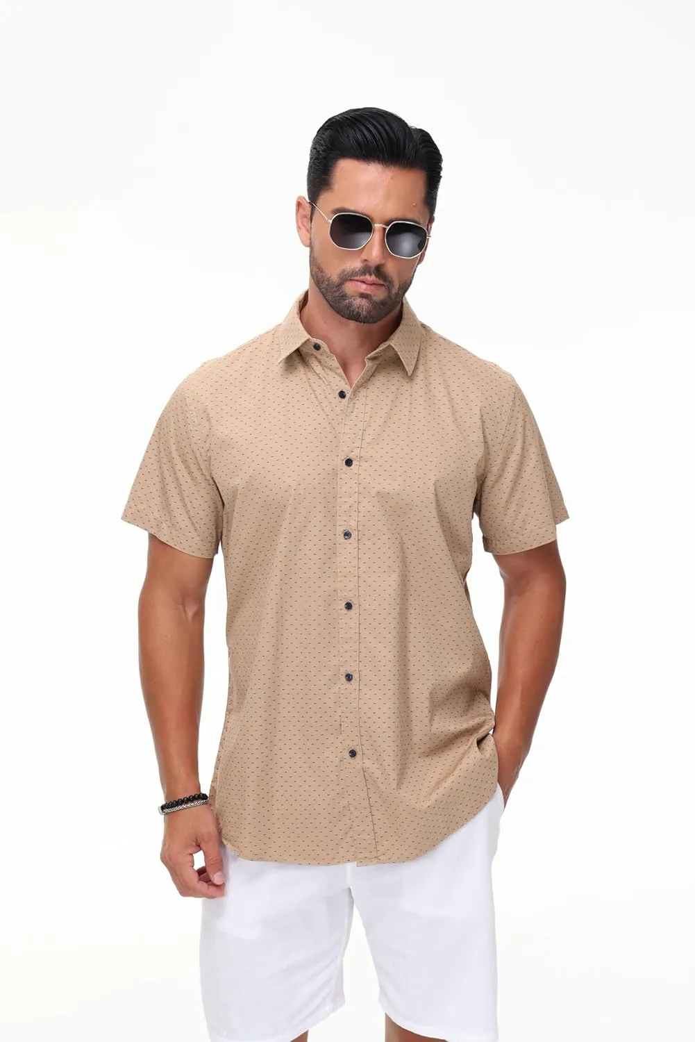 MUSE FATH Men's Printed Dress Shirt-Cotton Casual Short Sleeve Regular Fit Shirt