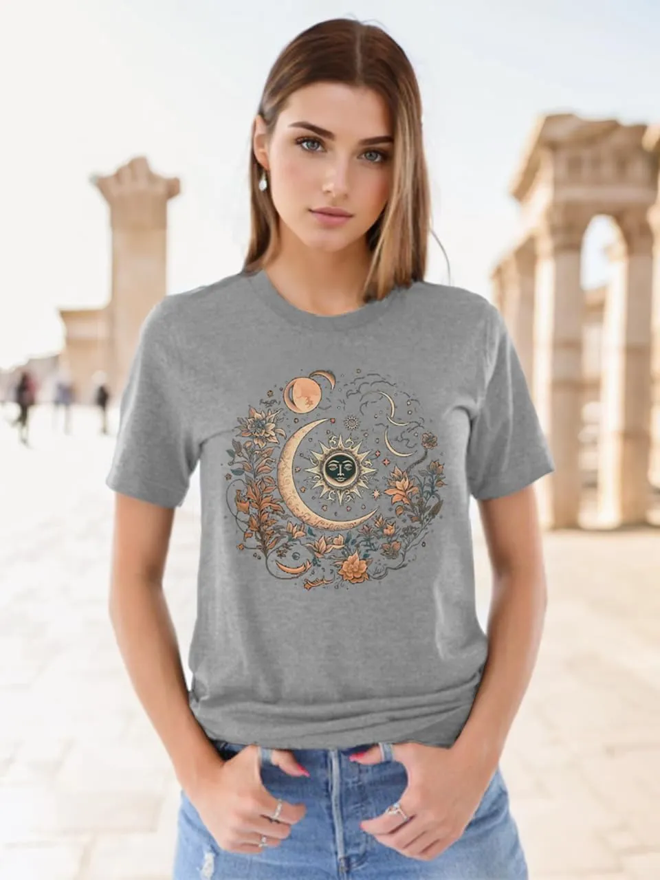 MZEAZRK Women Mystic Moon and Sun Flower Shirt Boho Wildflower Celestial Moon Graphic T Shirts Short Sleeve Tops