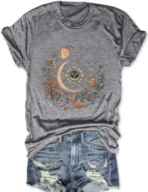 MZEAZRK Women Mystic Moon and Sun Flower Shirt Boho Wildflower Celestial Moon Graphic T Shirts Short Sleeve Tops