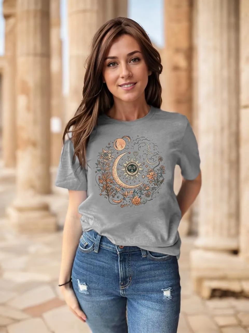 MZEAZRK Women Mystic Moon and Sun Flower Shirt Boho Wildflower Celestial Moon Graphic T Shirts Short Sleeve Tops