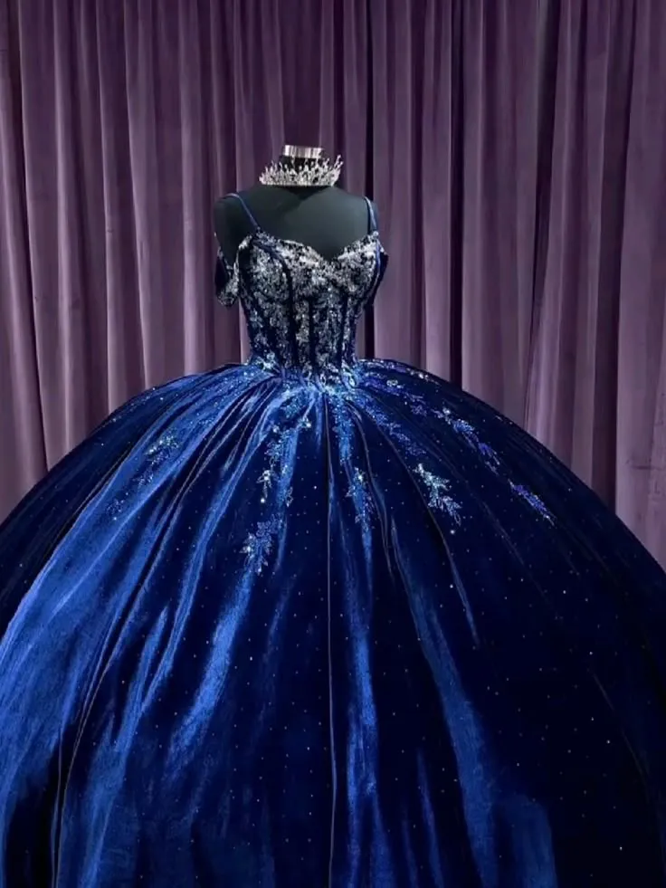 Navy Blue Off Shoulder A-Line Velvet Quinceanera Dress Birthday Ball Gown, D873