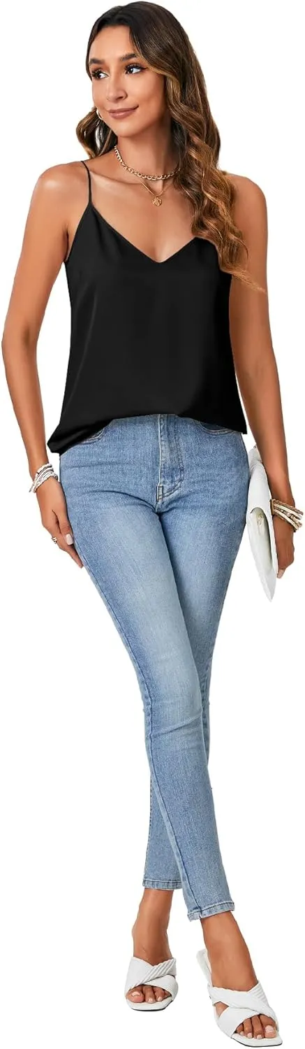 OPOIPIN Women's Silk Satin V Neck Camisole Adjustable Spaghetti Strap Sleeveless Basic Tank Top