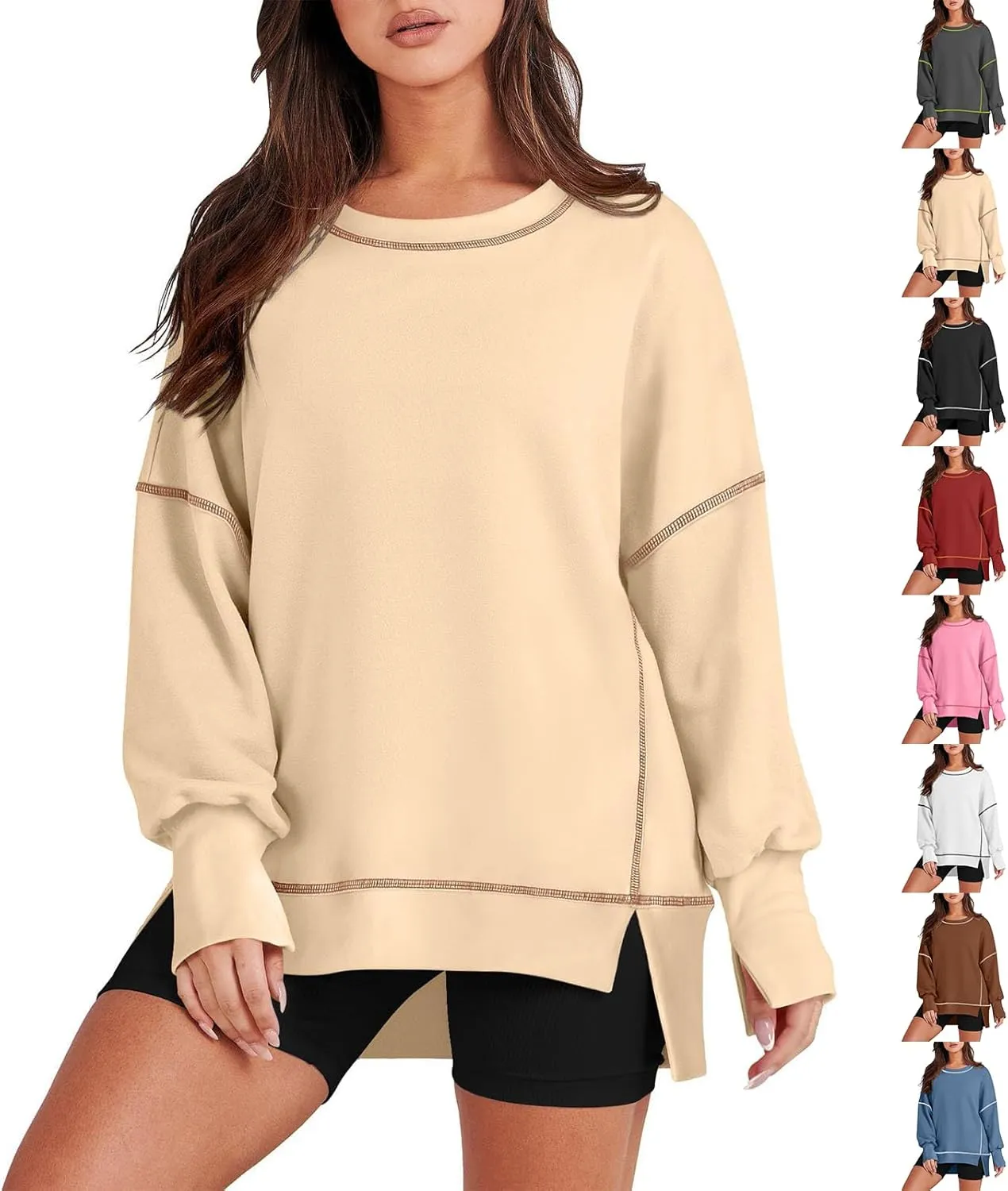 Oversized Crewneck Sweatshirt Women Loose Fit Trendy High Low Tops Casual Lightweight Stitch Hoodies Fall Clothes