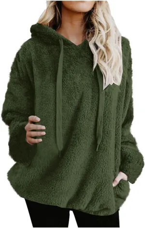 Oversized Fleece Hoodies For Women Comfy Long Sleeve Drawstring Hooded Fuzzy Sweatshirt Winter Solid Color Pullover