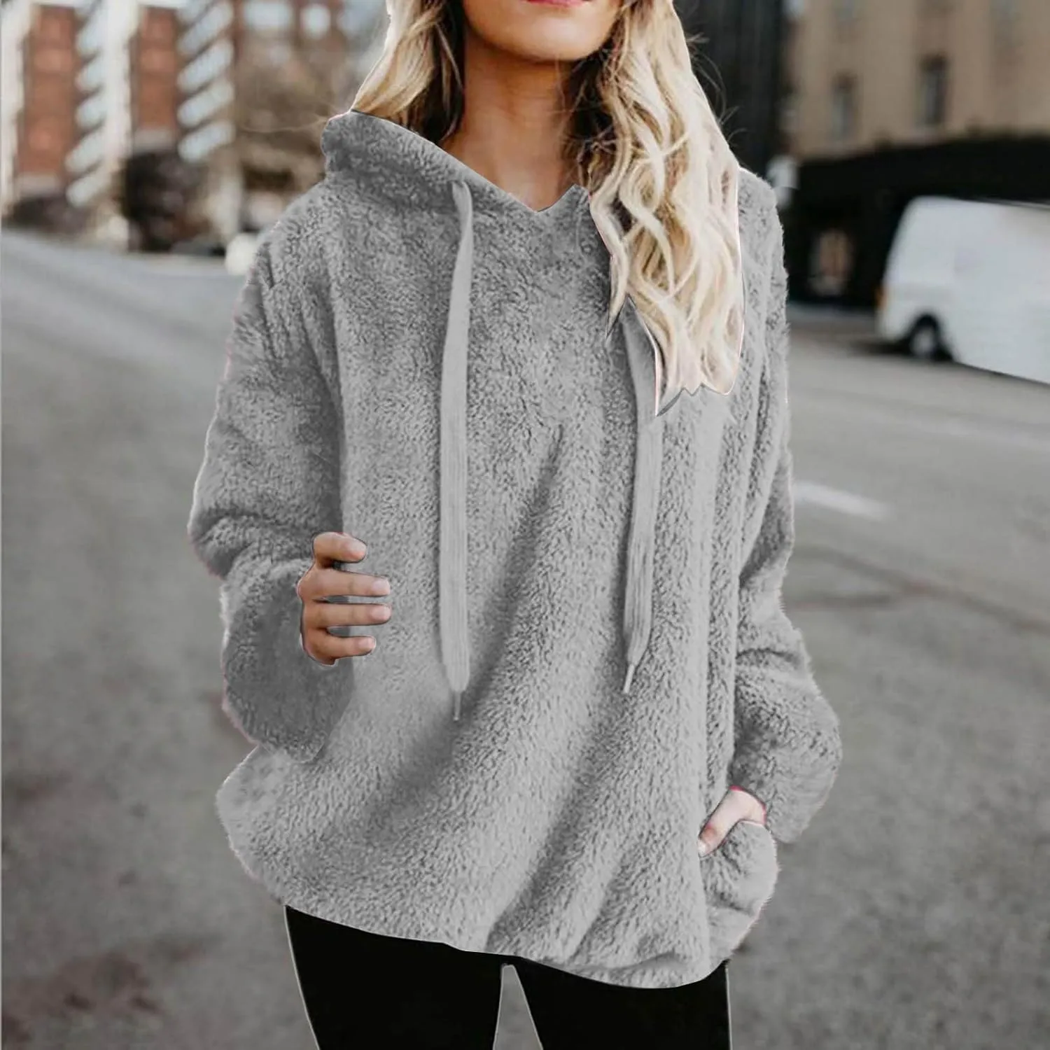 Oversized Fleece Hoodies For Women Comfy Long Sleeve Drawstring Hooded Fuzzy Sweatshirt Winter Solid Color Pullover