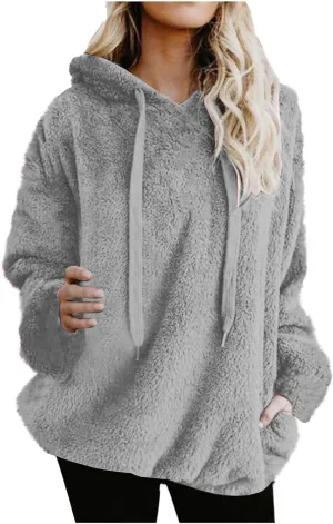 Oversized Fleece Hoodies For Women Comfy Long Sleeve Drawstring Hooded Fuzzy Sweatshirt Winter Solid Color Pullover