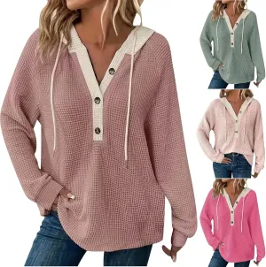 Oversized Hoodies for Women Soft V Neck Waffle Knit Hooded Sweatshirt Lightweight Fall Long Sleeve Pullover Sweaters