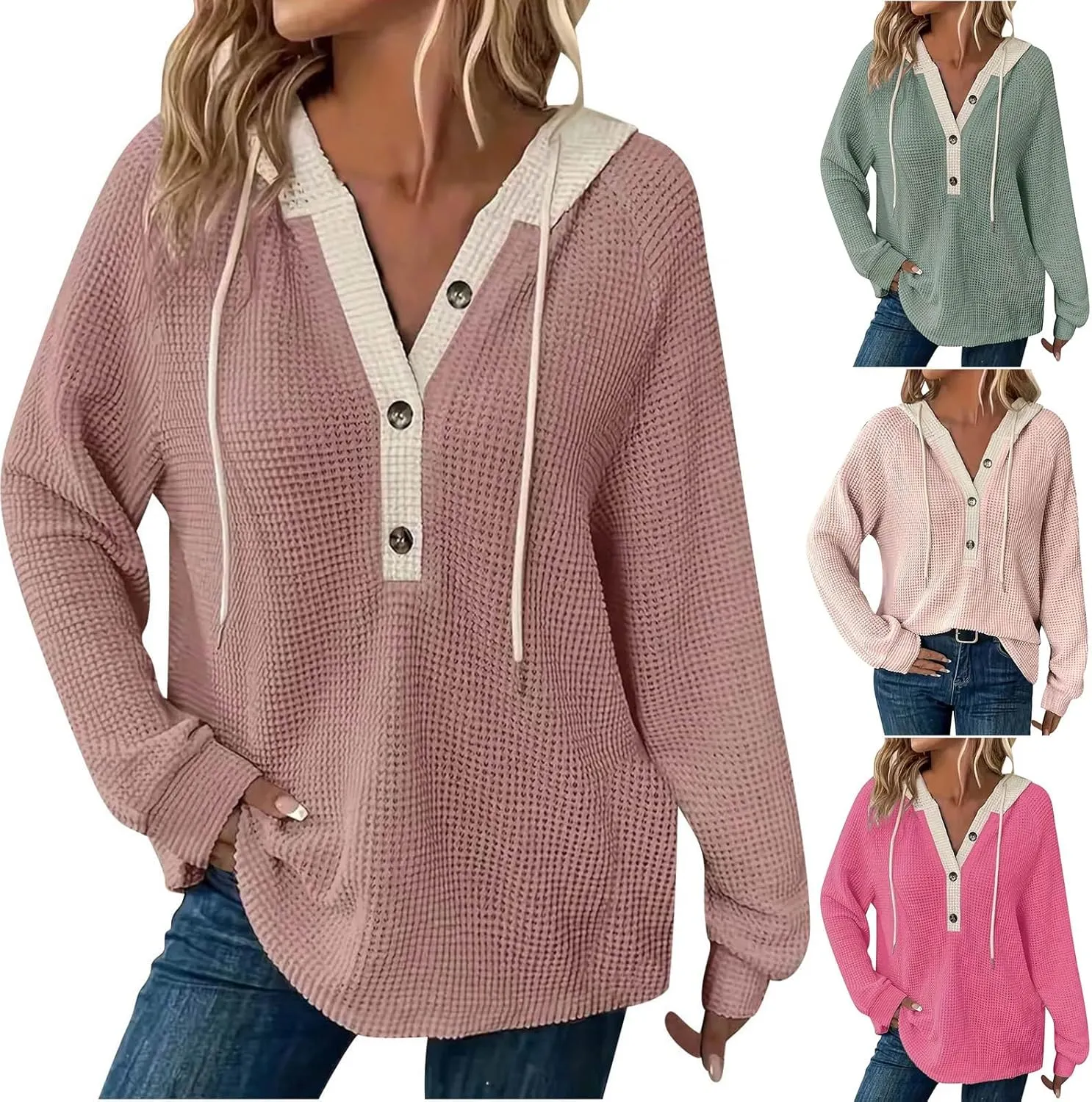 Oversized Hoodies for Women Soft V Neck Waffle Knit Hooded Sweatshirt Lightweight Fall Long Sleeve Pullover Sweaters