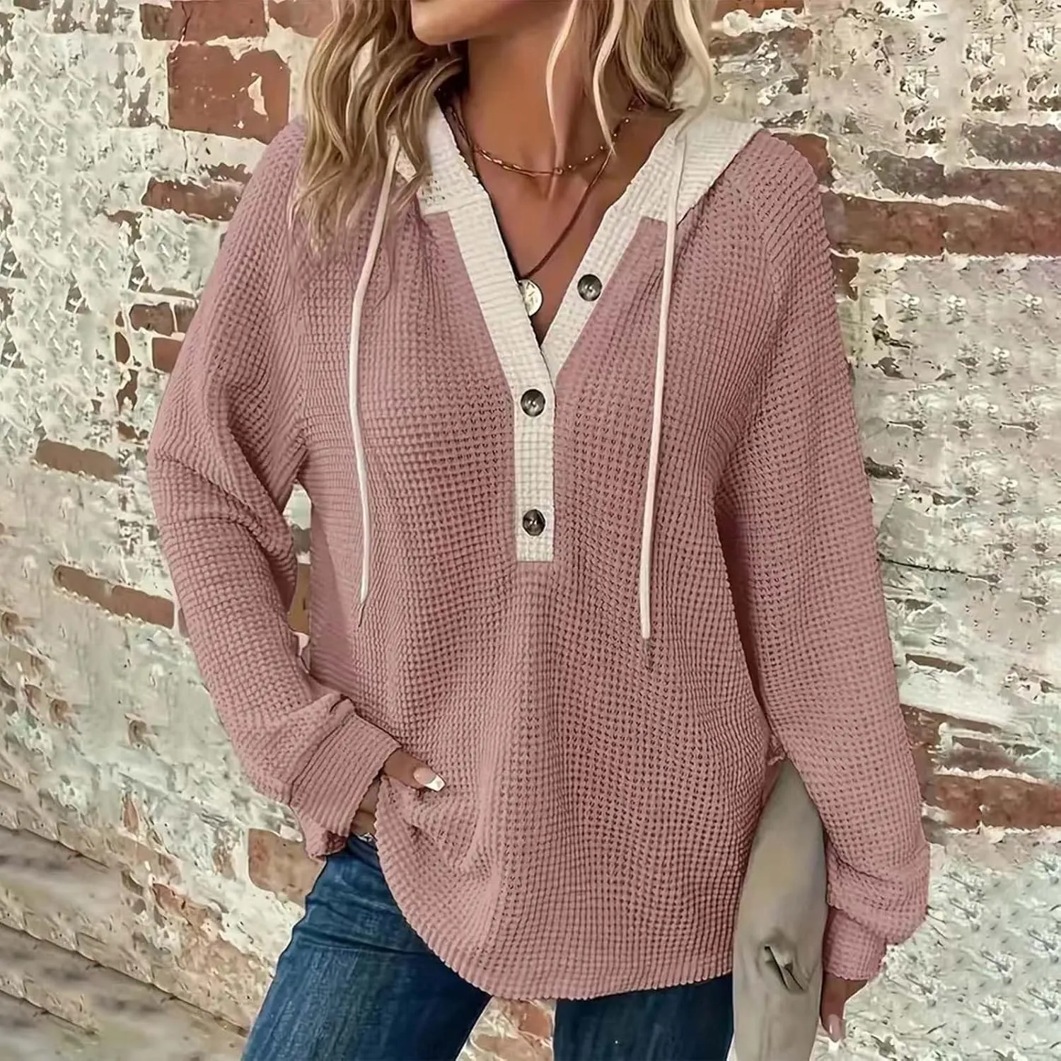 Oversized Hoodies for Women Soft V Neck Waffle Knit Hooded Sweatshirt Lightweight Fall Long Sleeve Pullover Sweaters