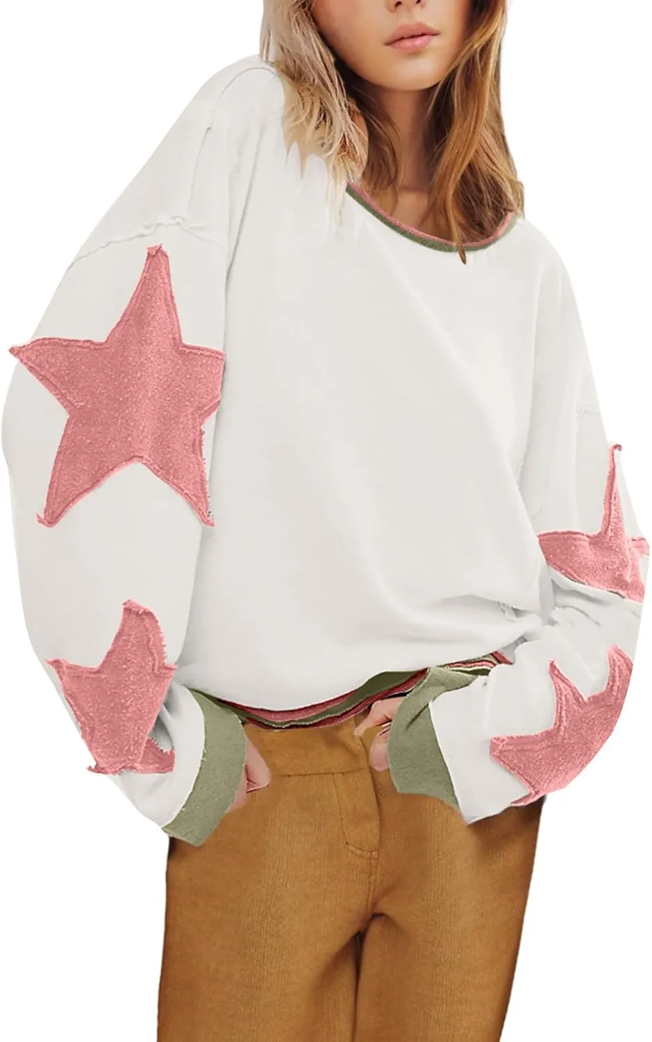 Oversized Sweatshirt for Women Lantern Sleeve Star Pullover Crewneck Corded Shirts Fashion Fall Outfits Trendy 2024