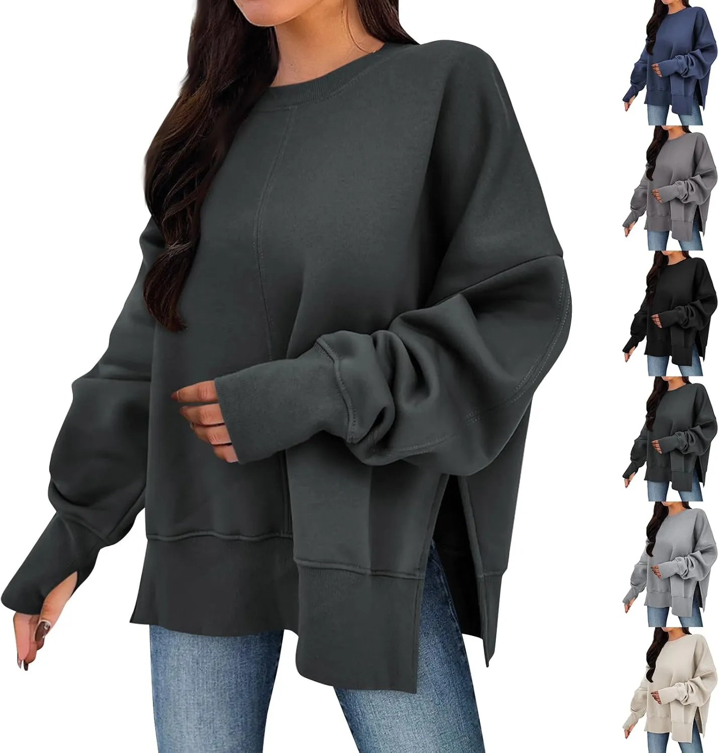 Oversized Sweatshirts for Women Loose Fit Long Sleeve Crew Neck Sweatshirts Casual Split Hem Thumb Hole Pullover