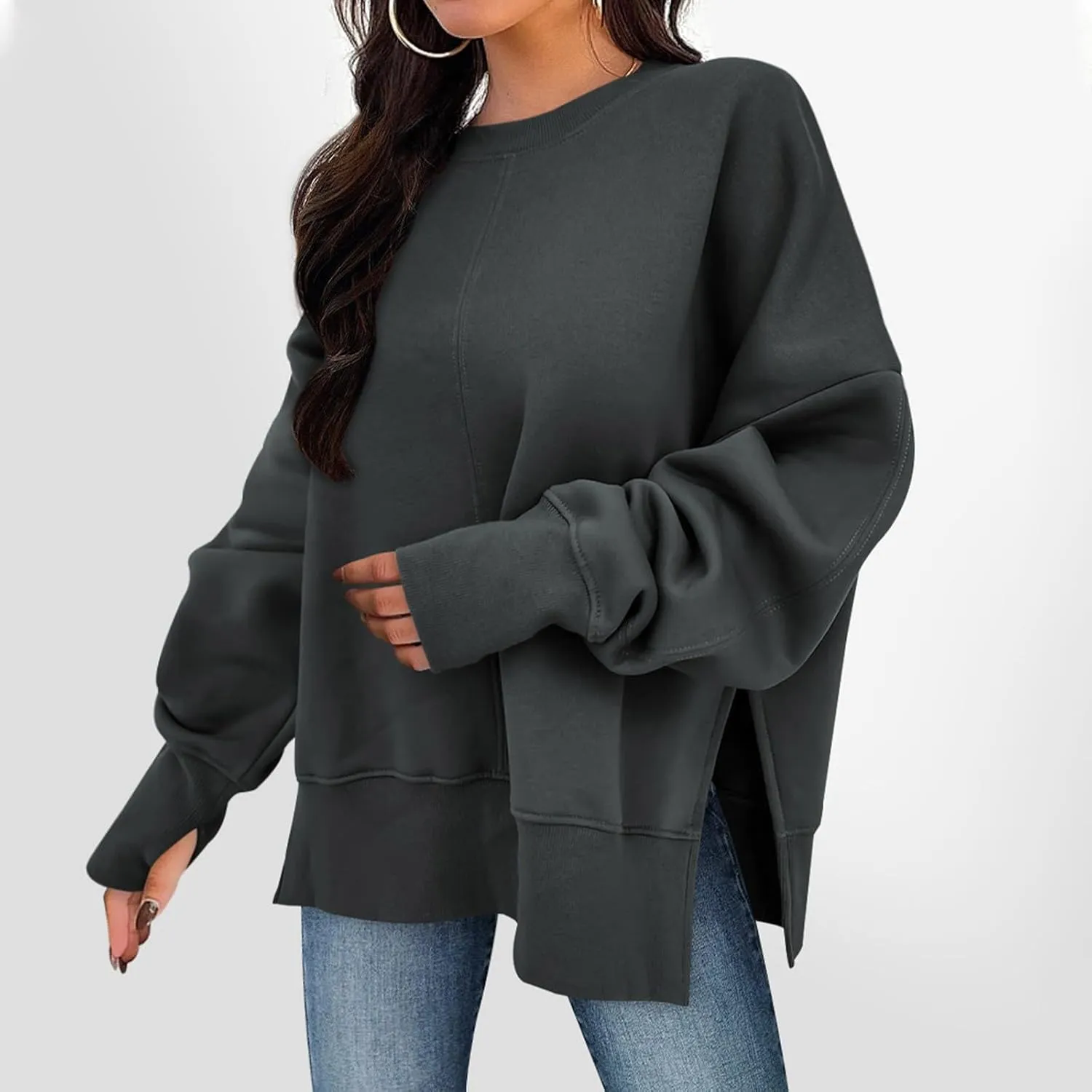 Oversized Sweatshirts for Women Loose Fit Long Sleeve Crew Neck Sweatshirts Casual Split Hem Thumb Hole Pullover