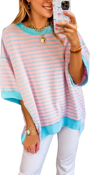 Oversized T Shirts for Women Casual Short Sleeve Striped Knit Shirt Crewneck Sweatshirts High Low Loose Blouse Tops