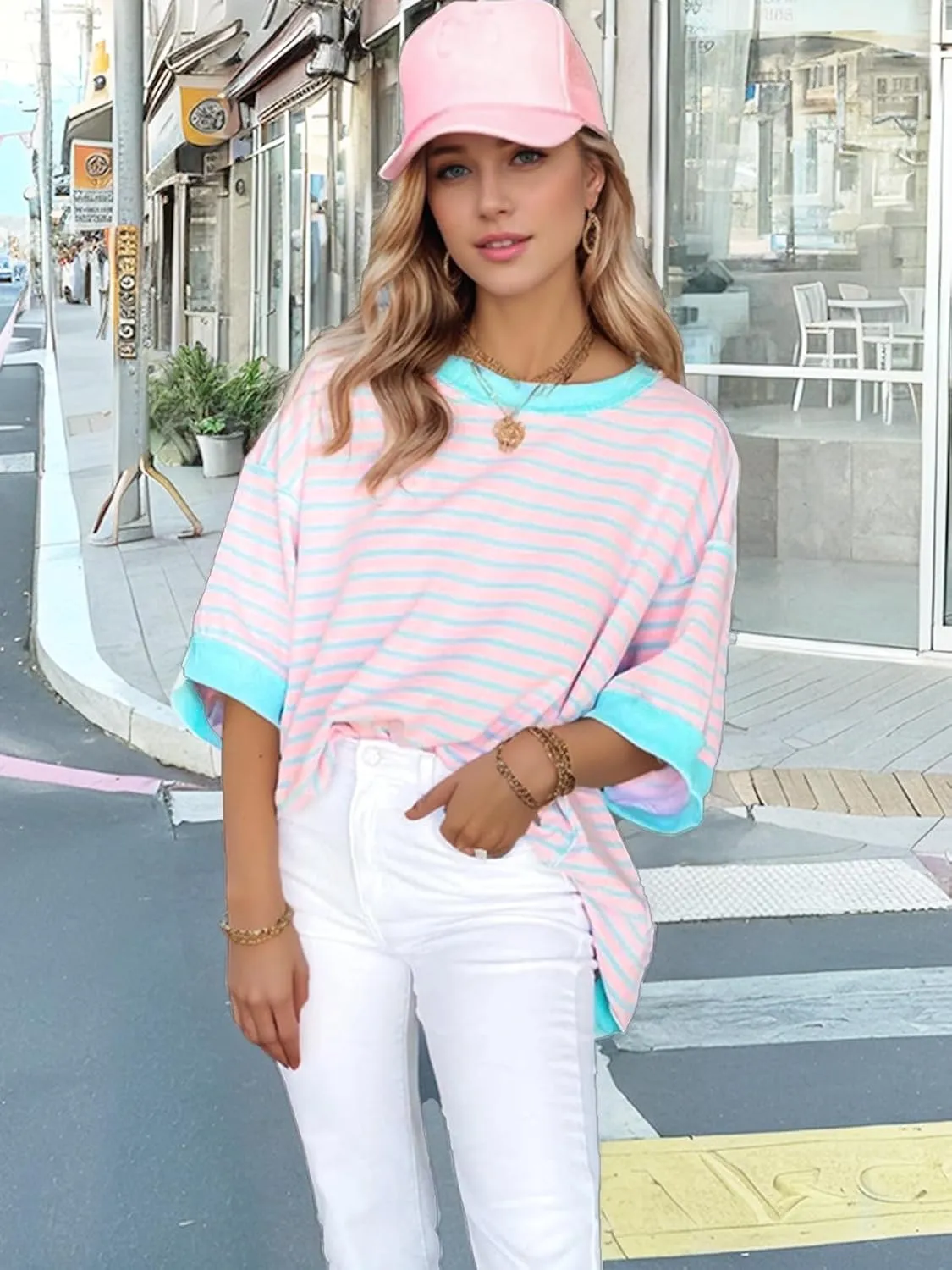 Oversized T Shirts for Women Casual Short Sleeve Striped Knit Shirt Crewneck Sweatshirts High Low Loose Blouse Tops
